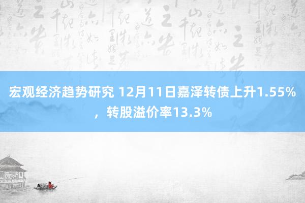 宏观经济趋势研究 12月11日嘉泽转债上升1.55%，转股溢价率13.3%